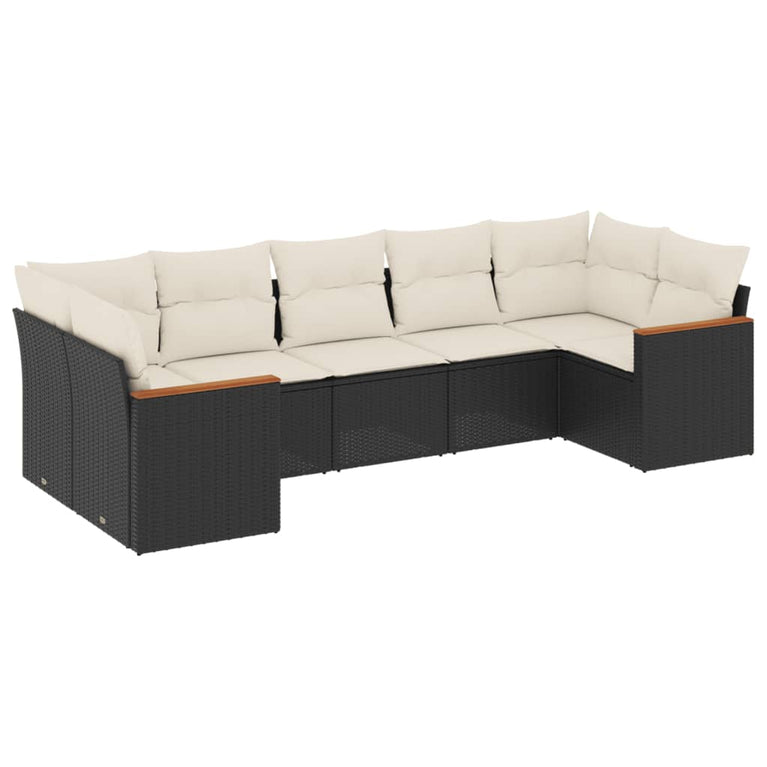 7-delige Loungeset met kussens poly rattan zwart