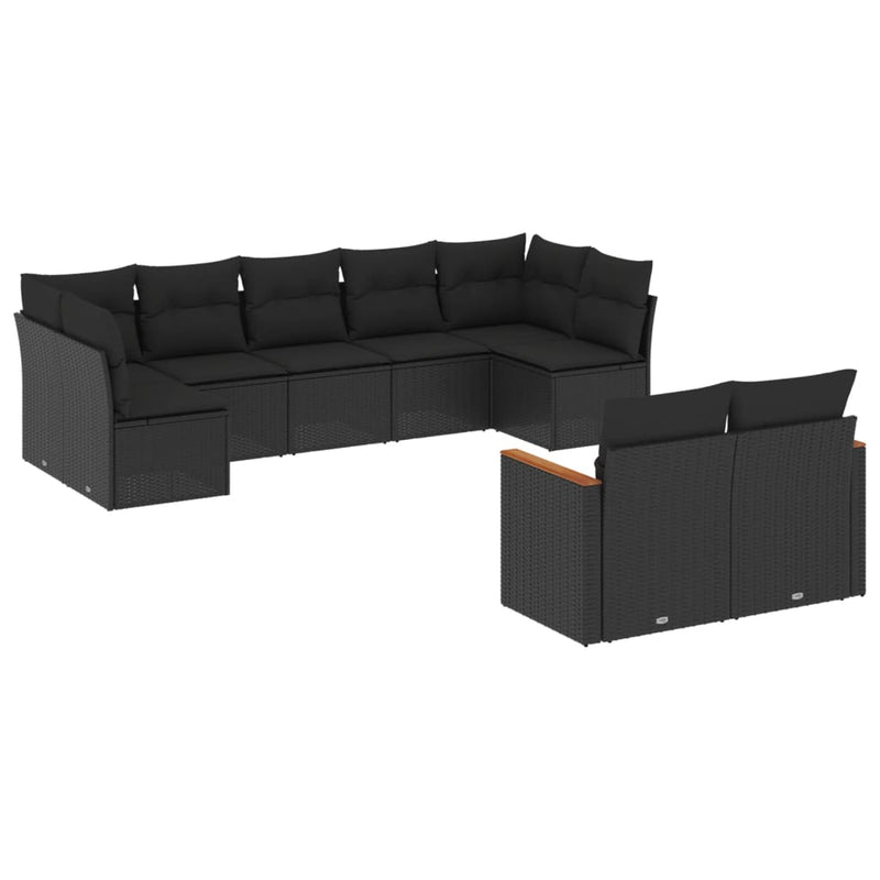 9-delige Loungeset met kussens poly rattan zwart