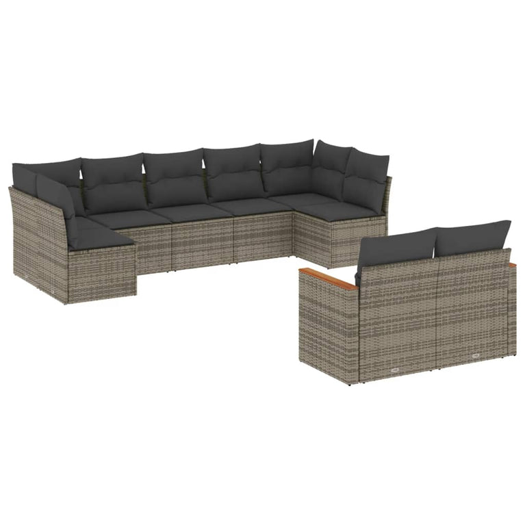 9-delige Loungeset met kussens poly rattan grijs