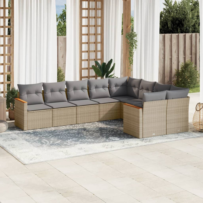 9-delige Loungeset met kussens poly rattan gemengd beige