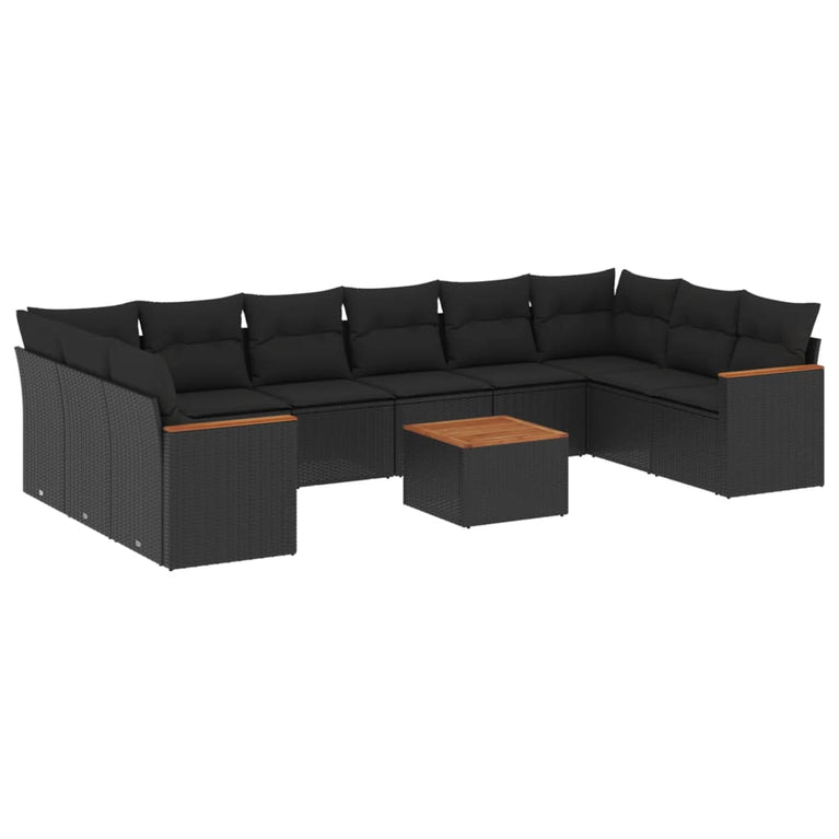 11-delige Loungeset met kussens poly rattan zwart