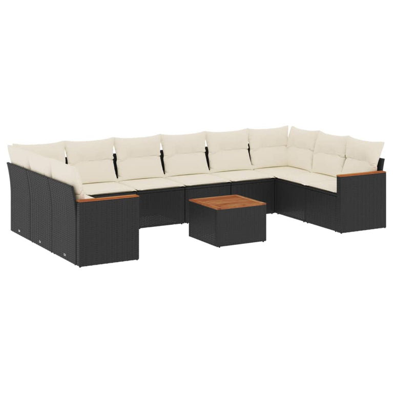 11-delige Loungeset met kussens poly rattan zwart