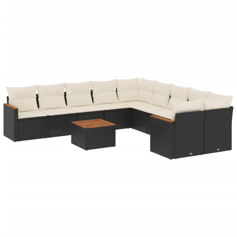 11-delige Loungeset met kussens poly rattan zwart