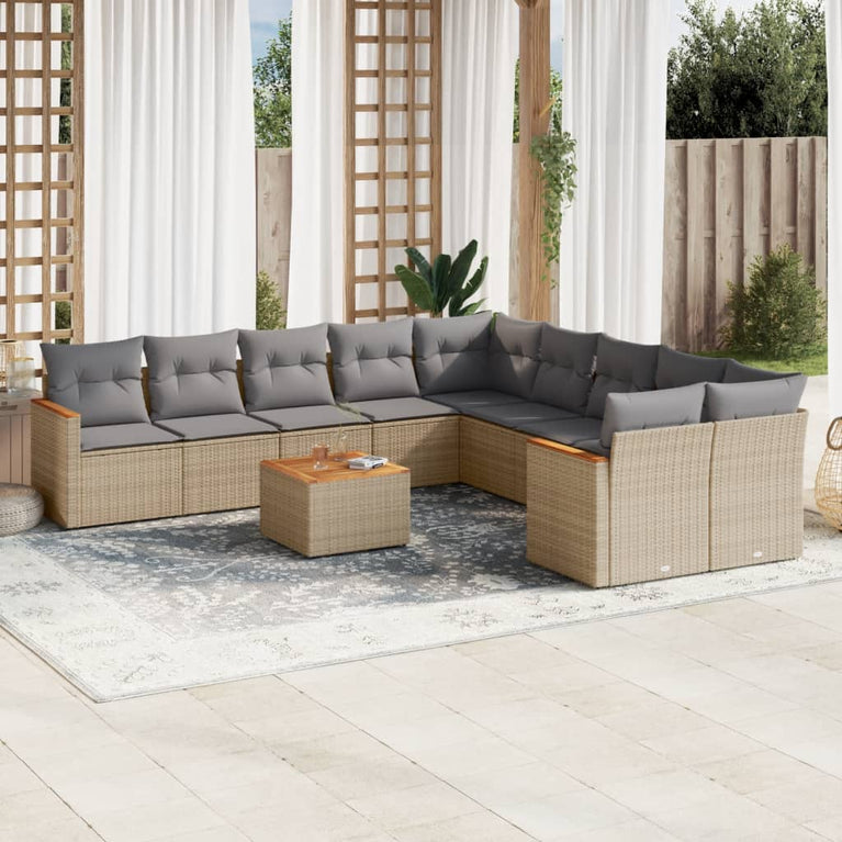 11-delige Loungeset met kussens poly rattan gemengd beige