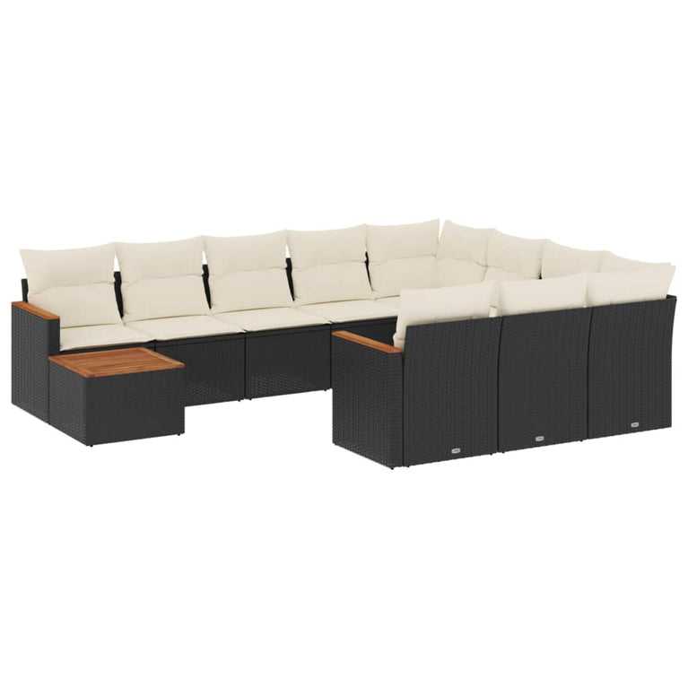 11-delige Loungeset met kussens poly rattan zwart