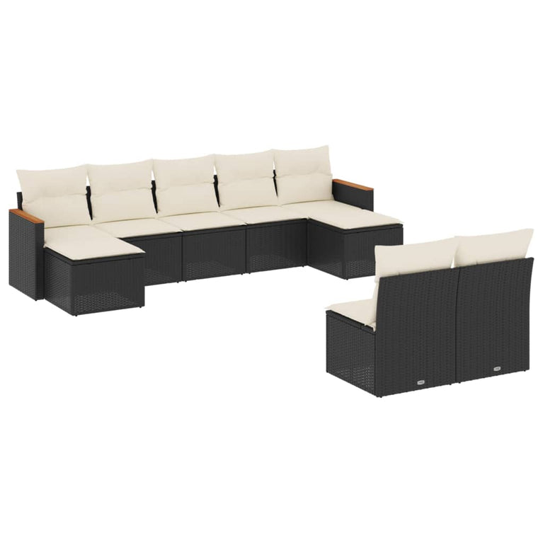 9-delige Loungeset met kussens poly rattan zwart