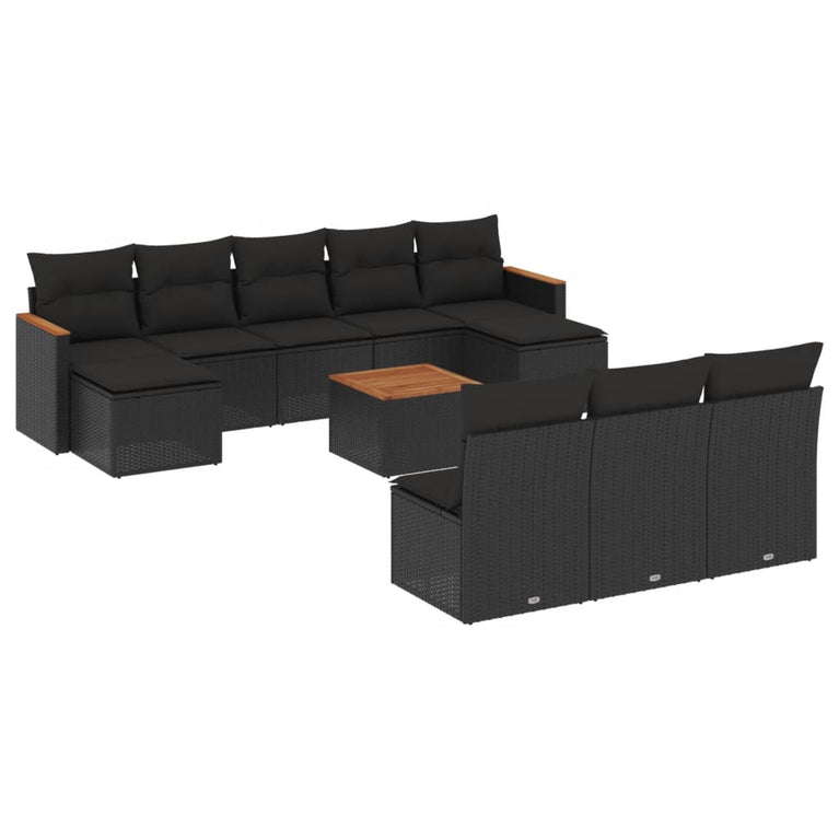 11-delige Loungeset met kussens poly rattan zwart