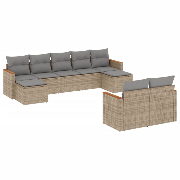 9-delige Loungeset met kussens poly rattan gemengd beige