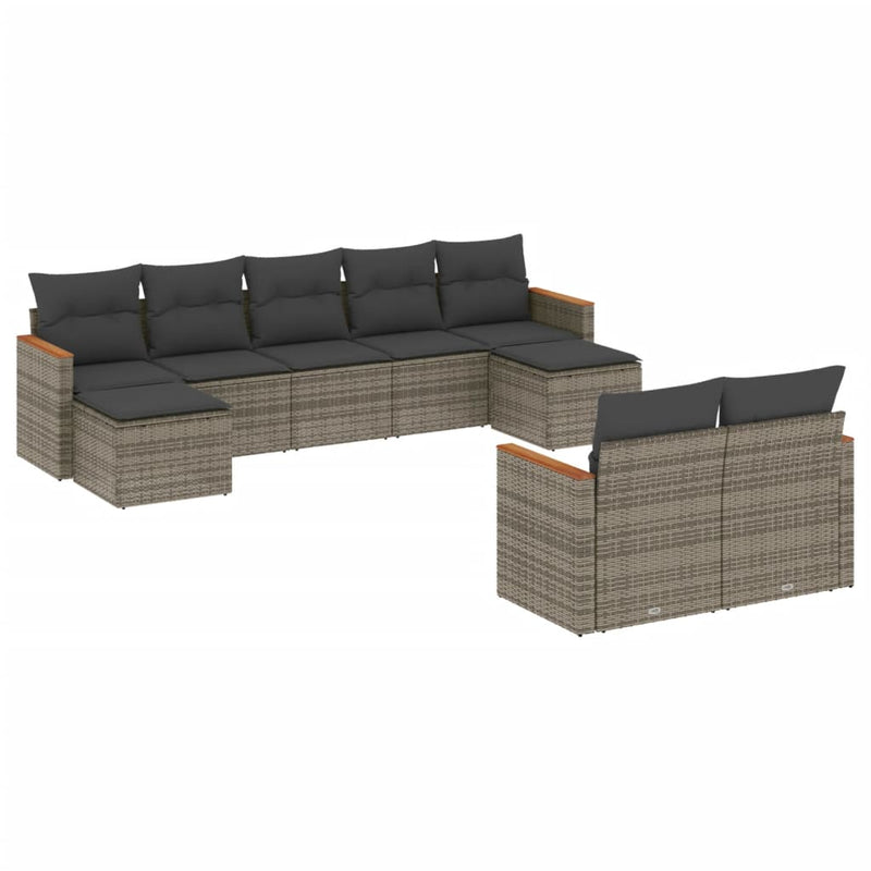 9-delige Loungeset met kussens poly rattan grijs