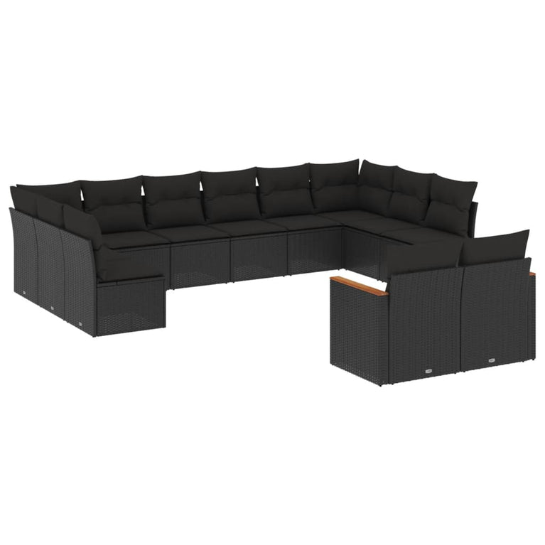 12-delige Loungeset met kussens poly rattan zwart