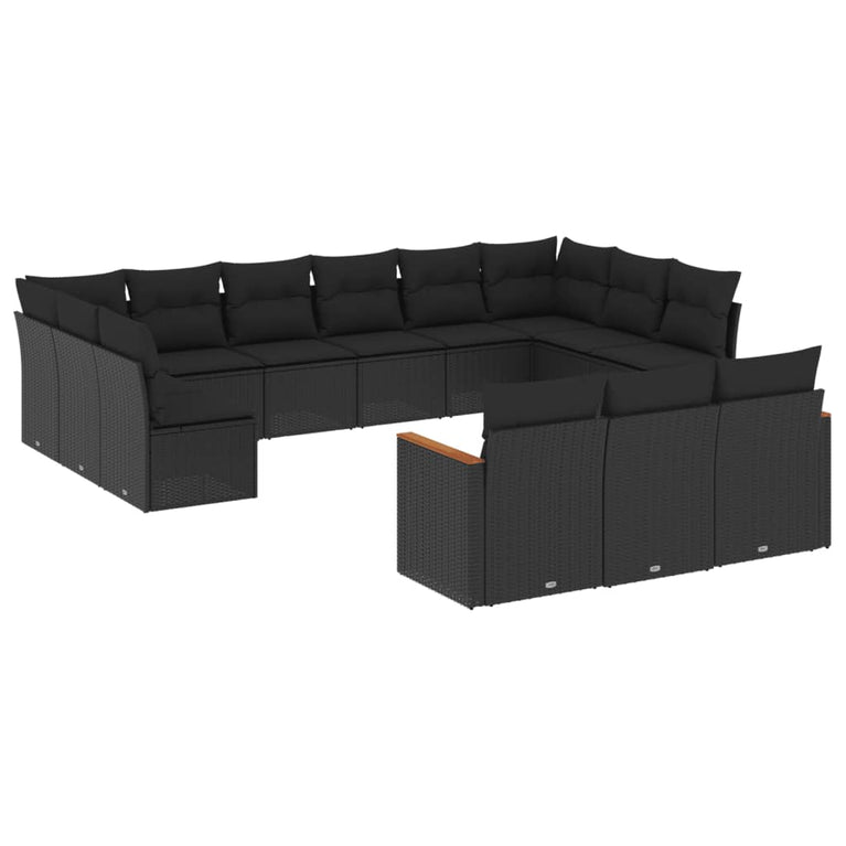 13-delige Loungeset met kussens poly rattan zwart