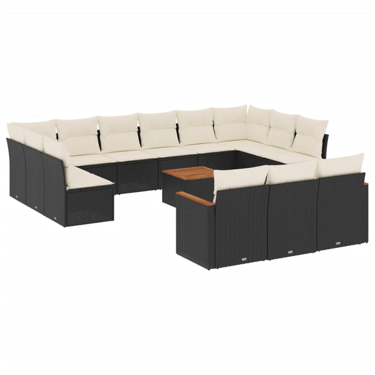 14-delige Loungeset met kussens poly rattan zwart