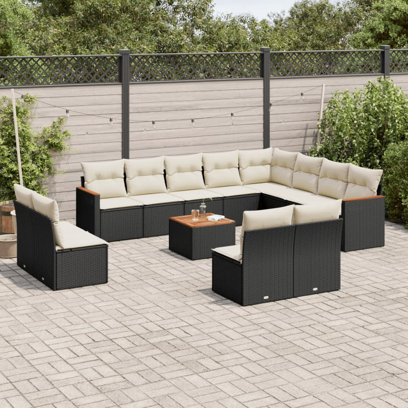13-delige Loungeset met kussens poly rattan zwart
