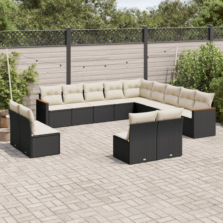 13-delige Loungeset met kussens poly rattan zwart