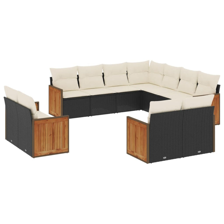 11-delige Loungeset met kussens poly rattan zwart