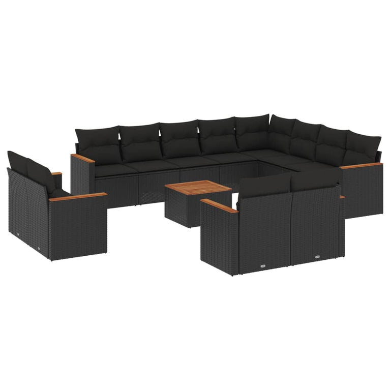 13-delige Loungeset met kussens poly rattan zwart