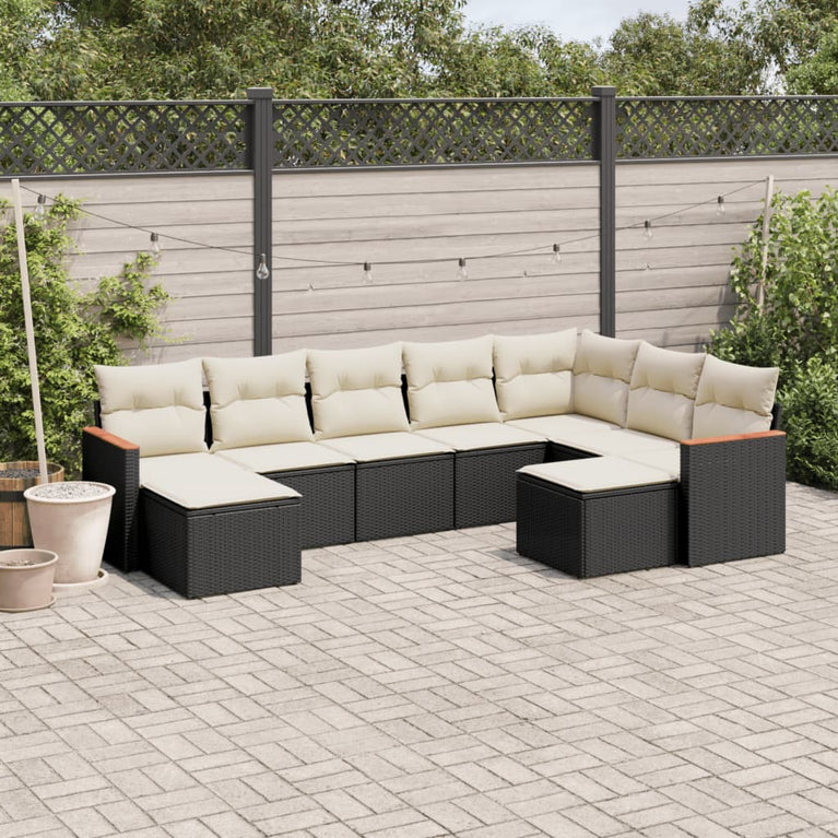 9-delige Loungeset met kussens poly rattan zwart