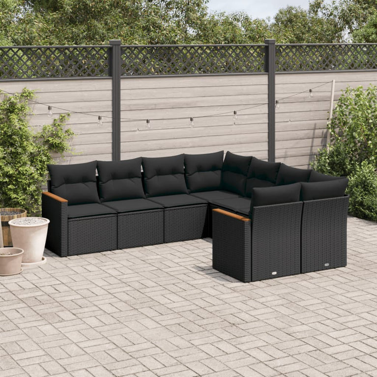 8-delige Loungeset met kussens poly rattan zwart