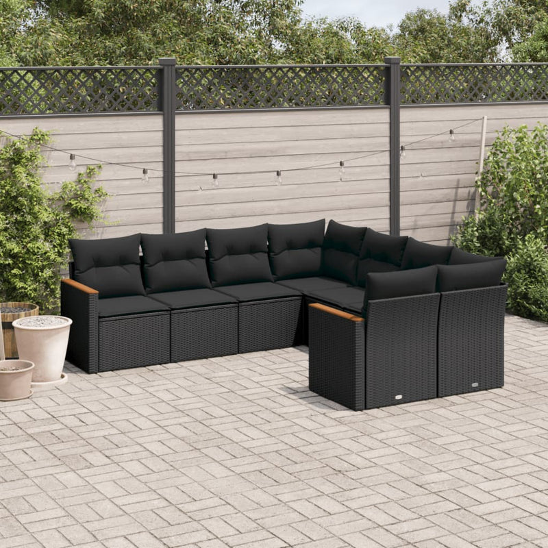 8-delige Loungeset met kussens poly rattan zwart