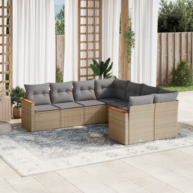 8-delige Loungeset met kussens poly rattan gemengd beige