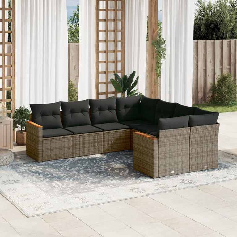 8-delige Loungeset met kussens poly rattan grijs
