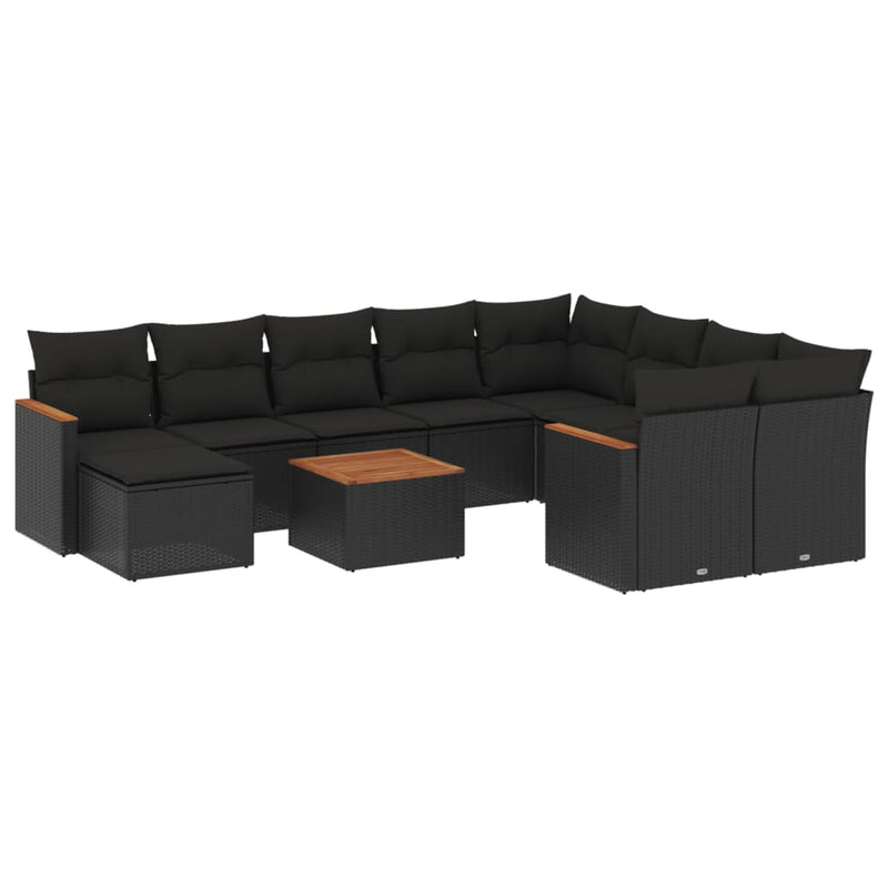 11-delige Loungeset met kussens poly rattan zwart