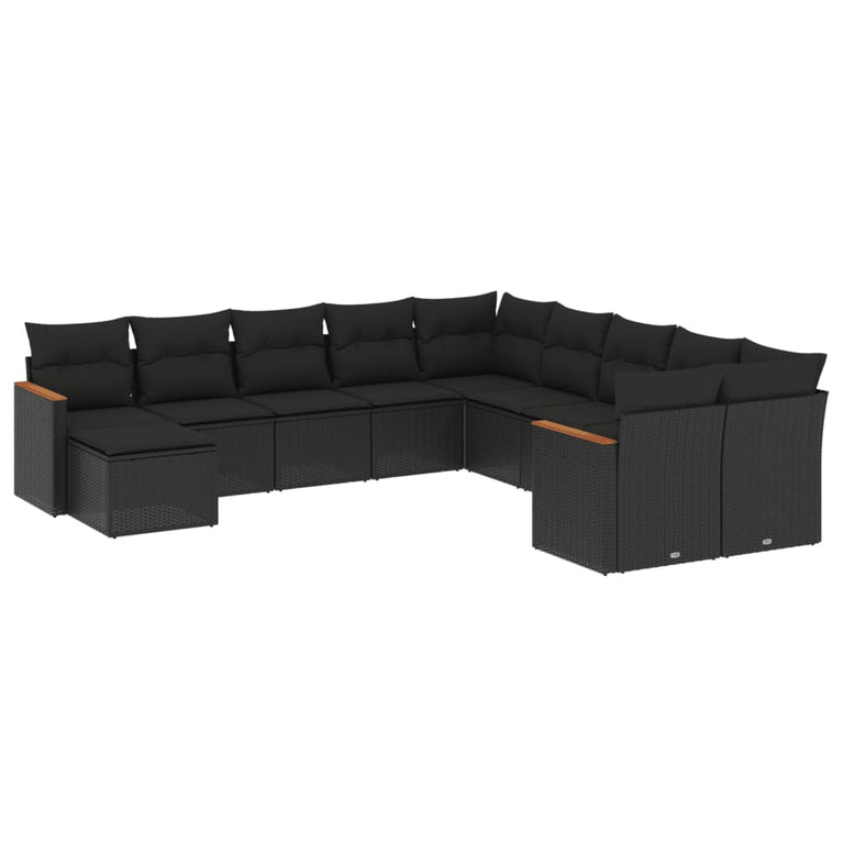 11-delige Loungeset met kussens poly rattan zwart