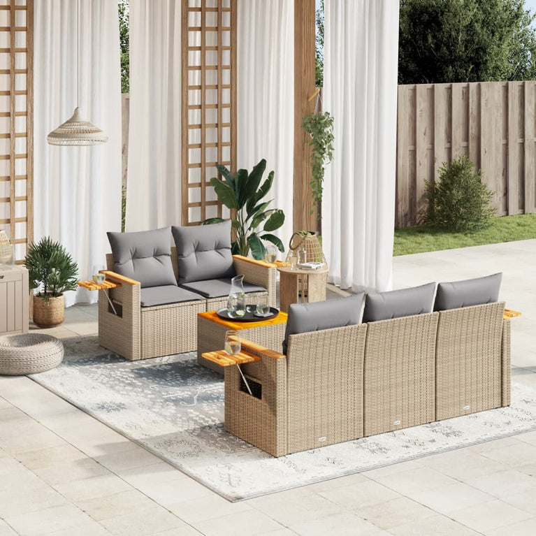 6-delige Loungeset met kussens poly rattan beige