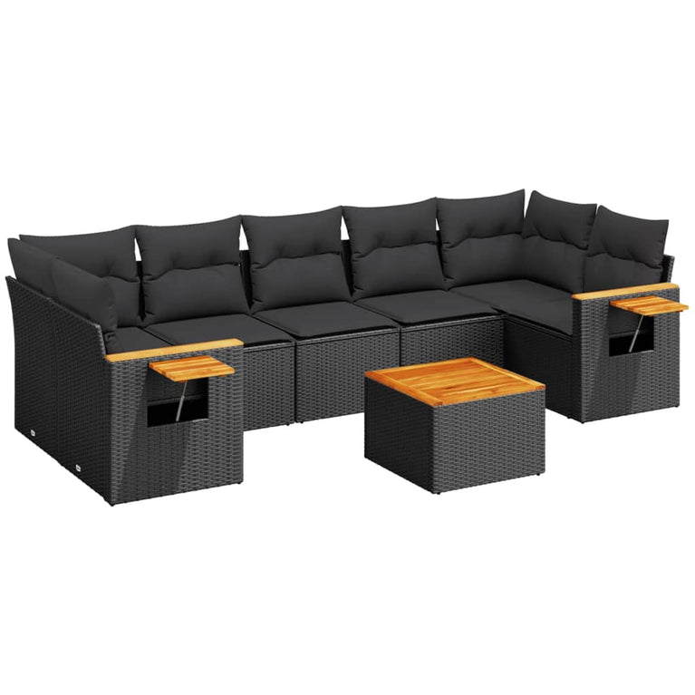 8-delige Loungeset met kussens poly rattan zwart
