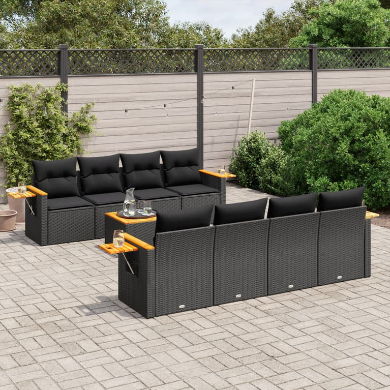 9-delige Loungeset met kussens poly rattan zwart