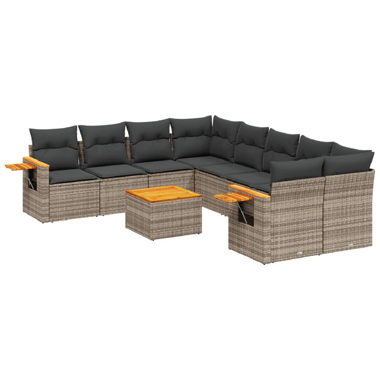 9-delige Loungeset met kussens poly rattan grijs