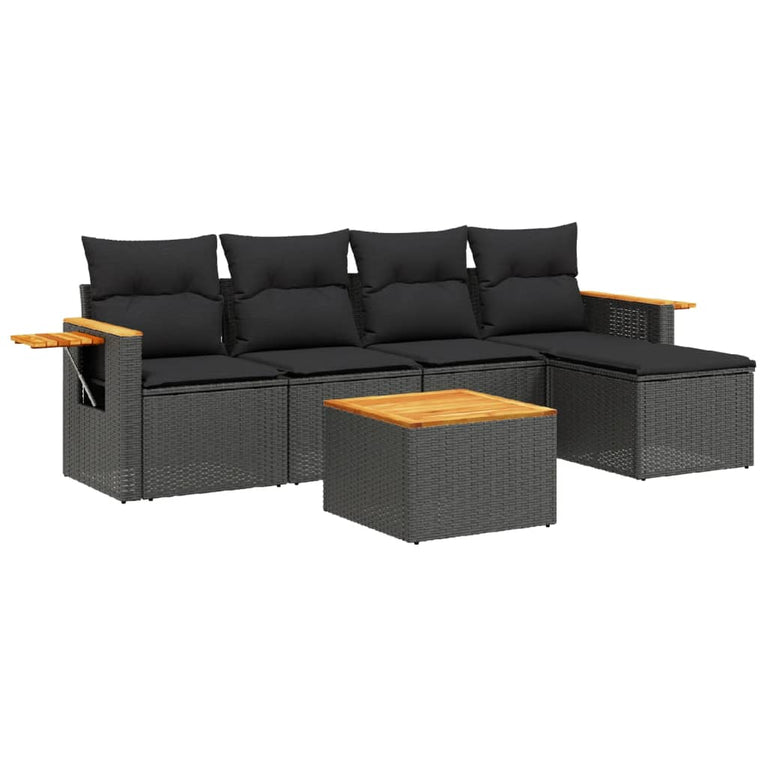 6-delige Loungeset met kussens poly rattan zwart