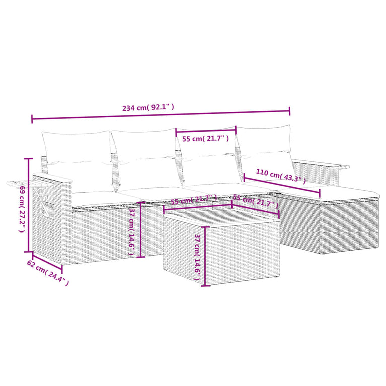 6-delige Loungeset met kussens poly rattan beige