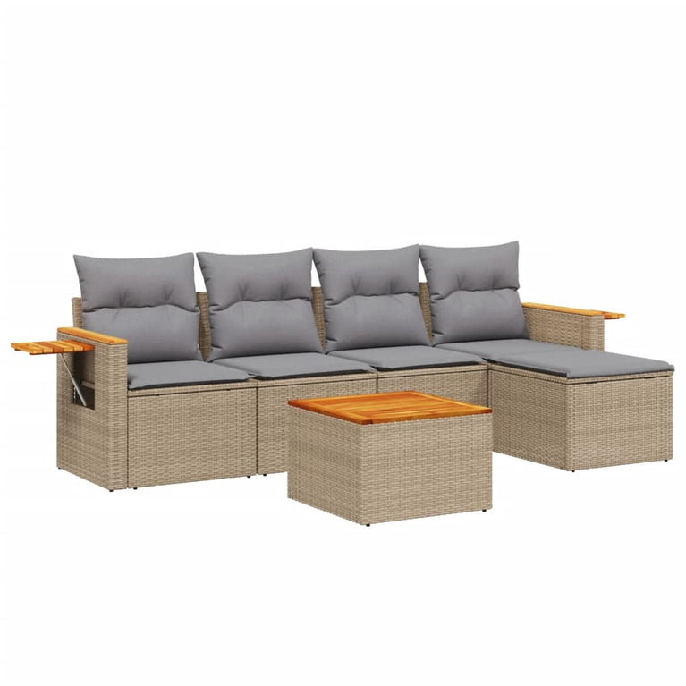6-delige Loungeset met kussens poly rattan beige