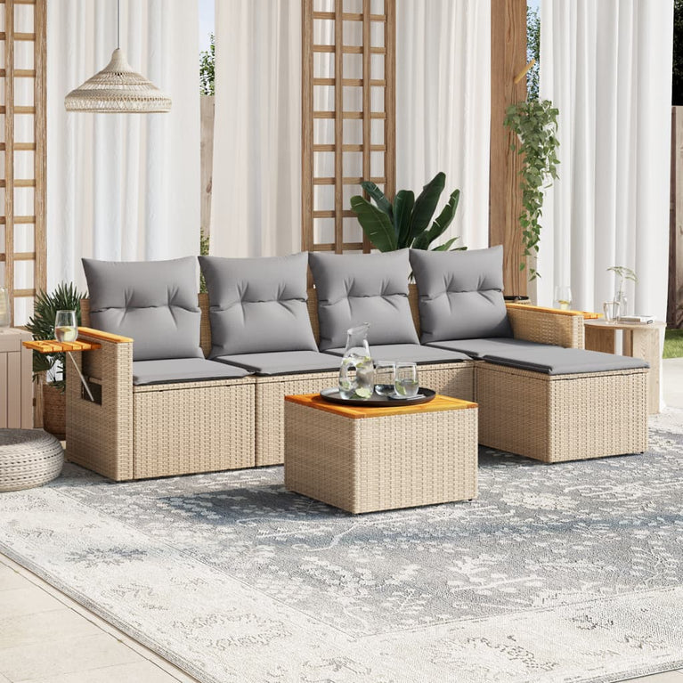 6-delige Loungeset met kussens poly rattan beige