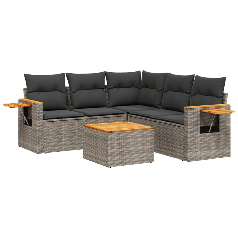 6-delige Loungeset met kussens poly rattan grijs
