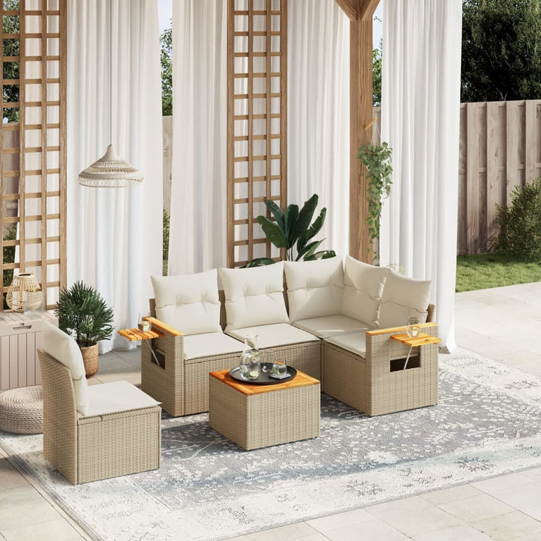 6-delige Loungeset met kussens poly rattan beige