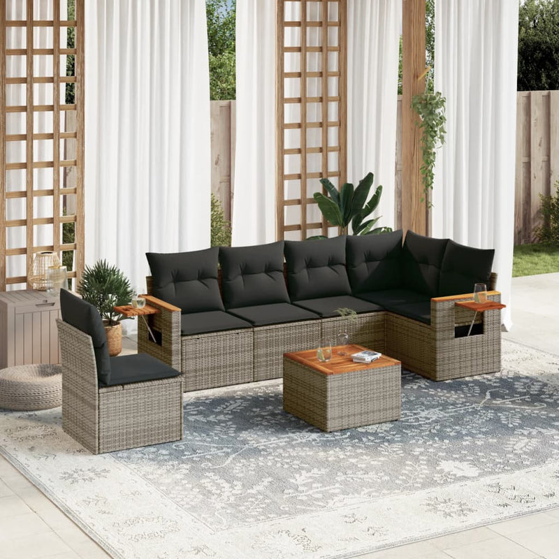 7-delige Loungeset met kussens poly rattan grijs