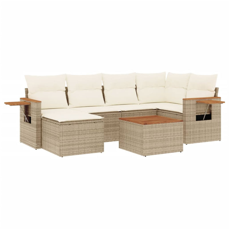 7-delige Loungeset met kussens poly rattan beige