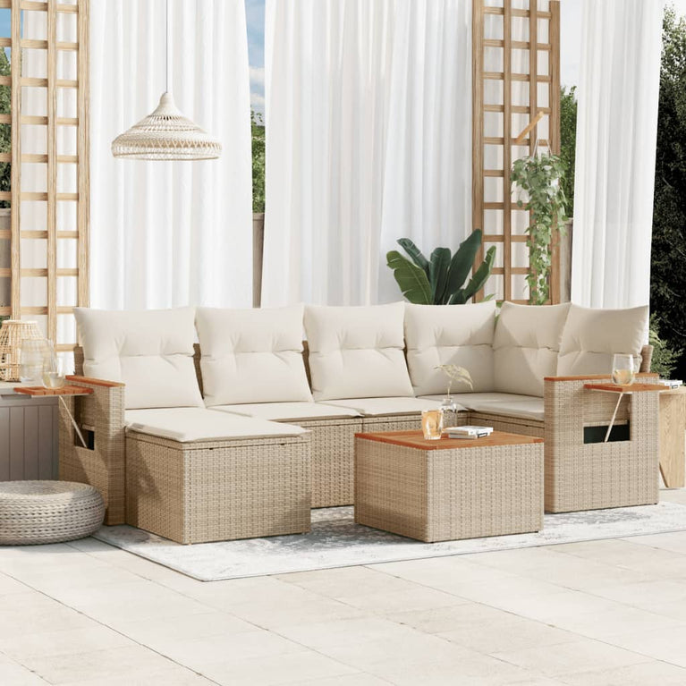 7-delige Loungeset met kussens poly rattan beige