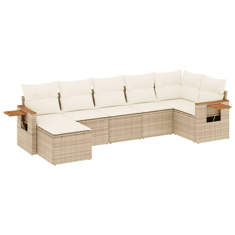 7-delige Loungeset met kussens poly rattan beige