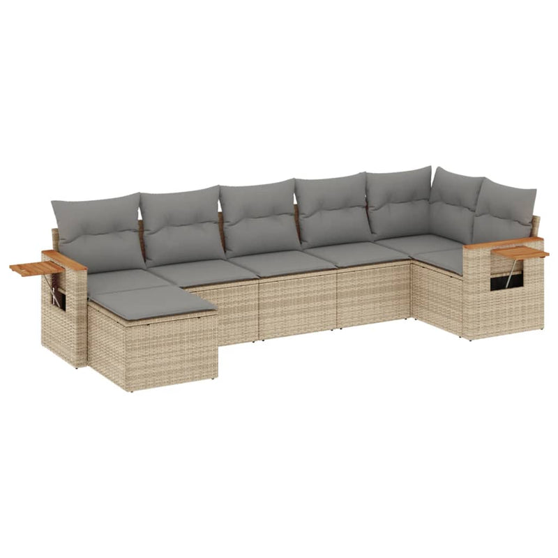 7-delige Loungeset met kussens poly rattan beige