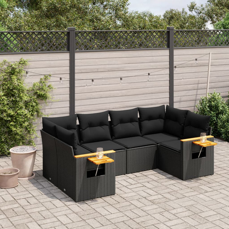 6-delige Loungeset met kussens poly rattan zwart