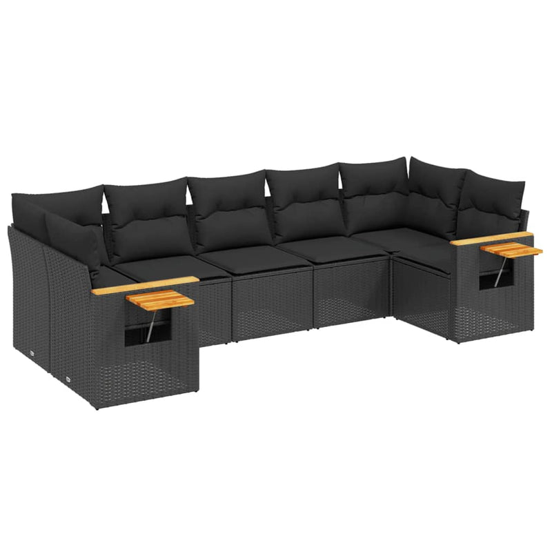 7-delige Loungeset met kussens poly rattan zwart