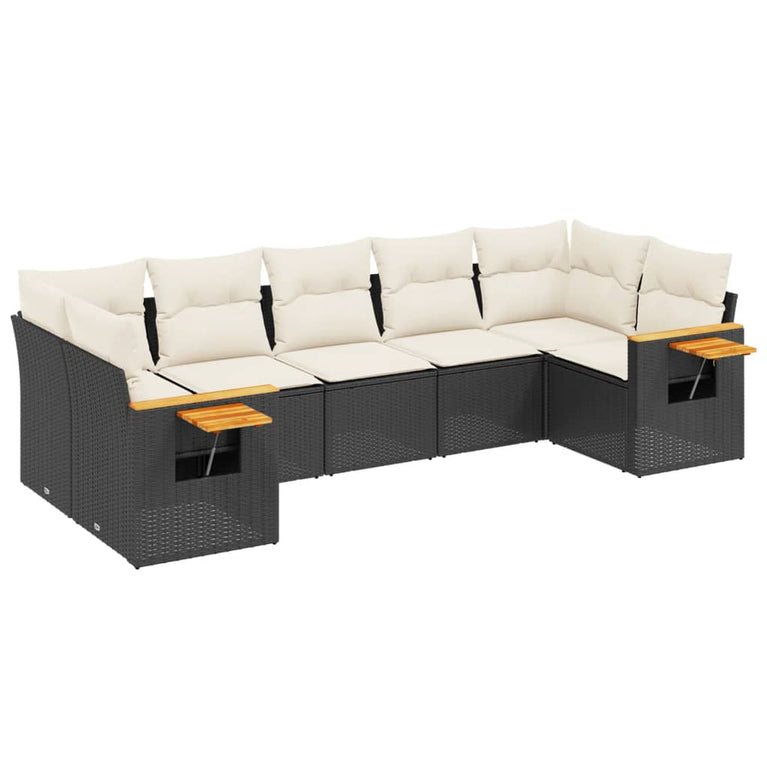 7-delige Loungeset met kussens poly rattan zwart