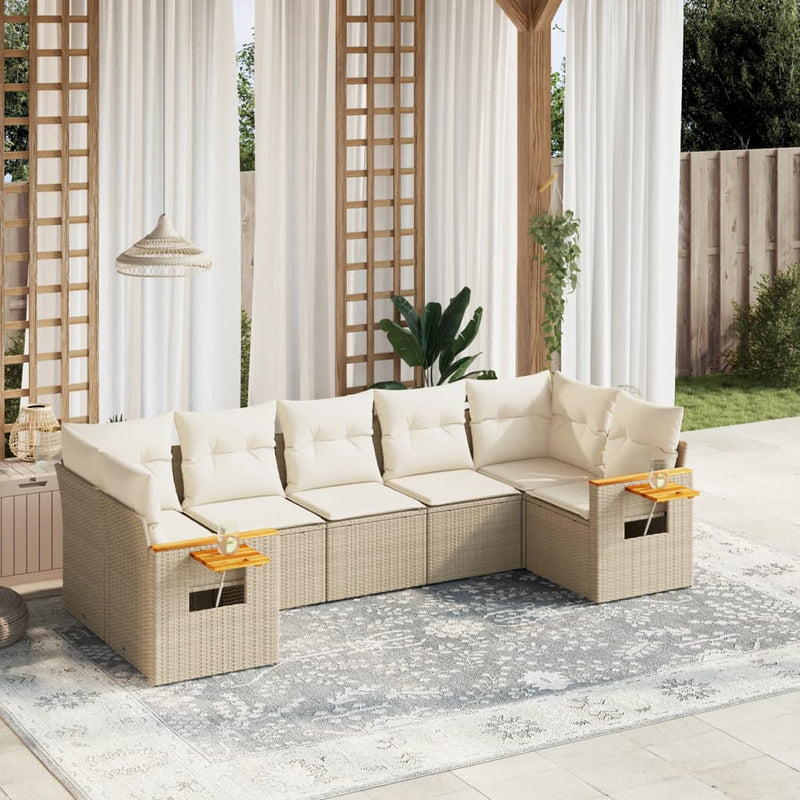 7-delige Loungeset met kussens poly rattan beige