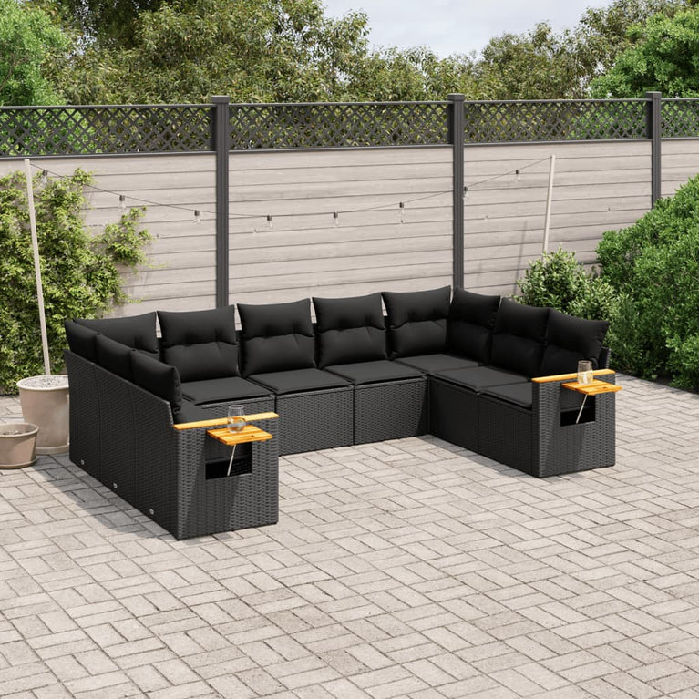 9-delige Loungeset met kussens poly rattan zwart