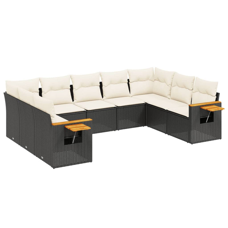 9-delige Loungeset met kussens poly rattan zwart