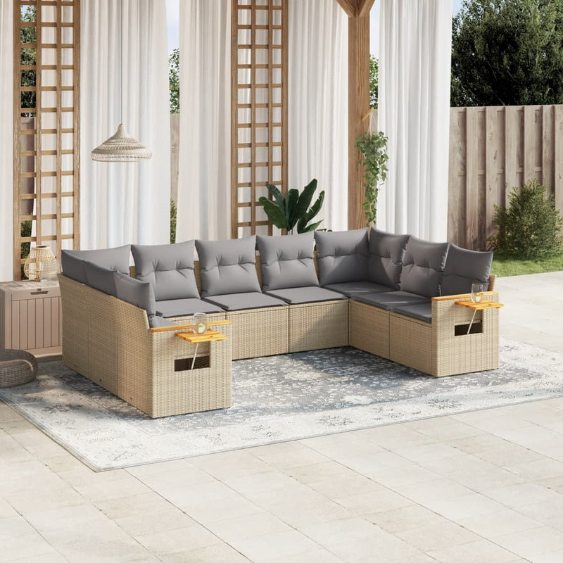 9-delige Loungeset met kussens poly rattan beige