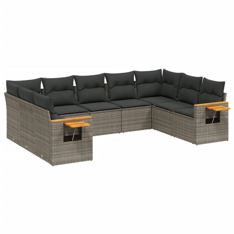 9-delige Loungeset met kussens poly rattan grijs